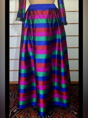 100% thai silk Multicolor Striped Maxi Skirt - Vibrant Pink, Green & Blue size M